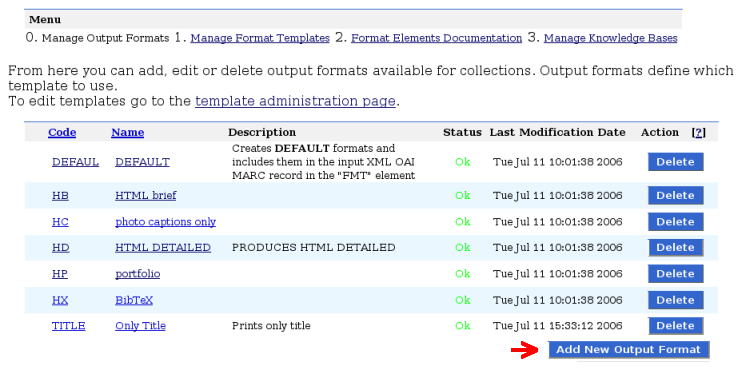 Output formats management page